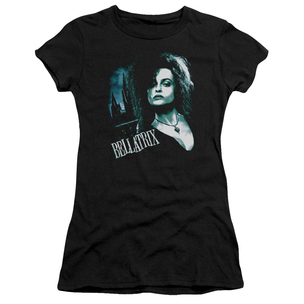 Harry Potter Bellatrix Closeup Junior Sheer Cap Sleeve Womens T Shirt Black