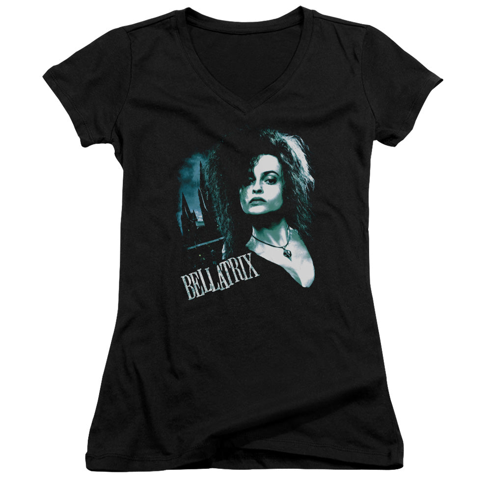 Harry Potter Bellatrix Closeup Junior Sheer Cap Sleeve V-Neck Womens T Shirt Black