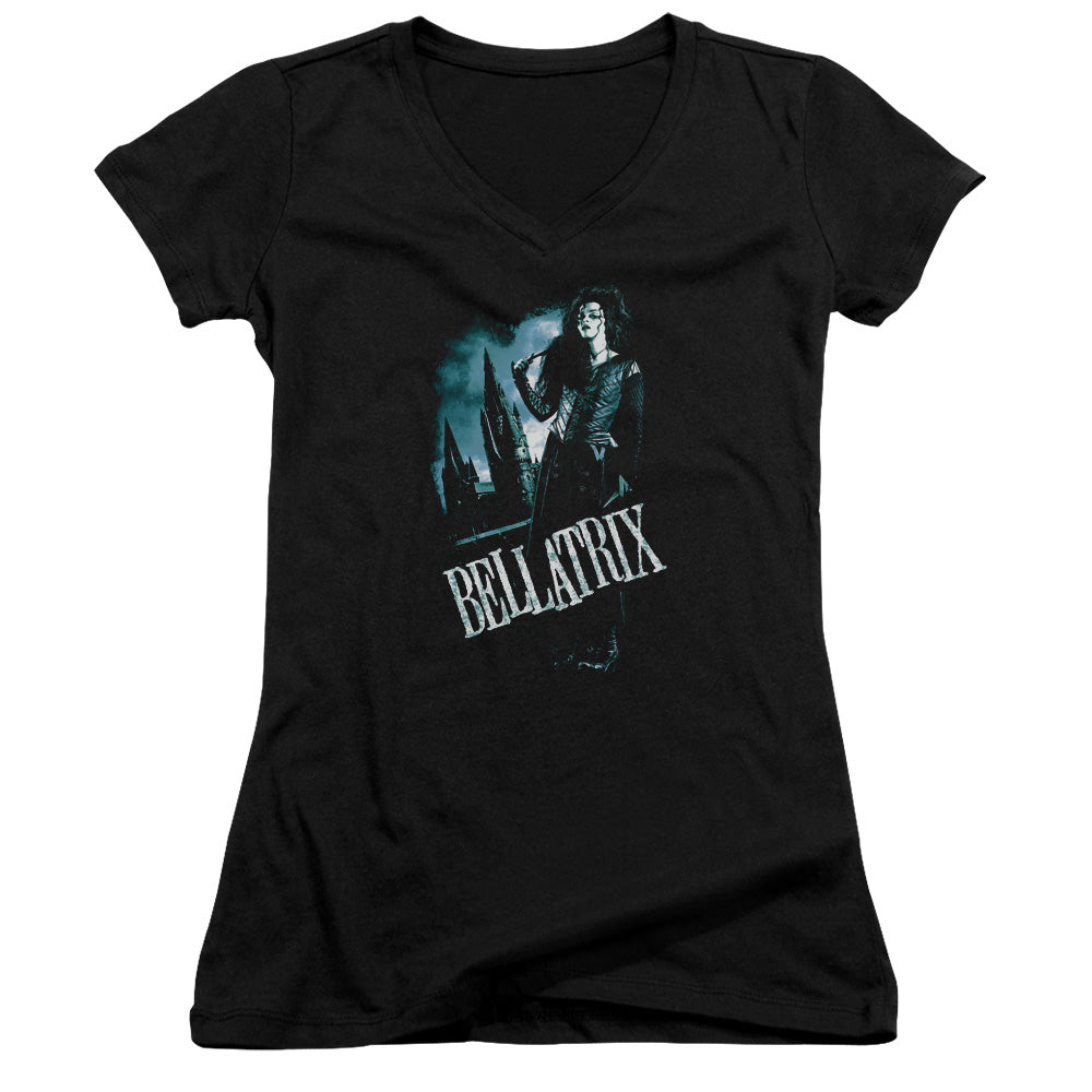 Harry Potter Bellatrix Full Body Junior Sheer Cap Sleeve V-Neck Womens T Shirt Black