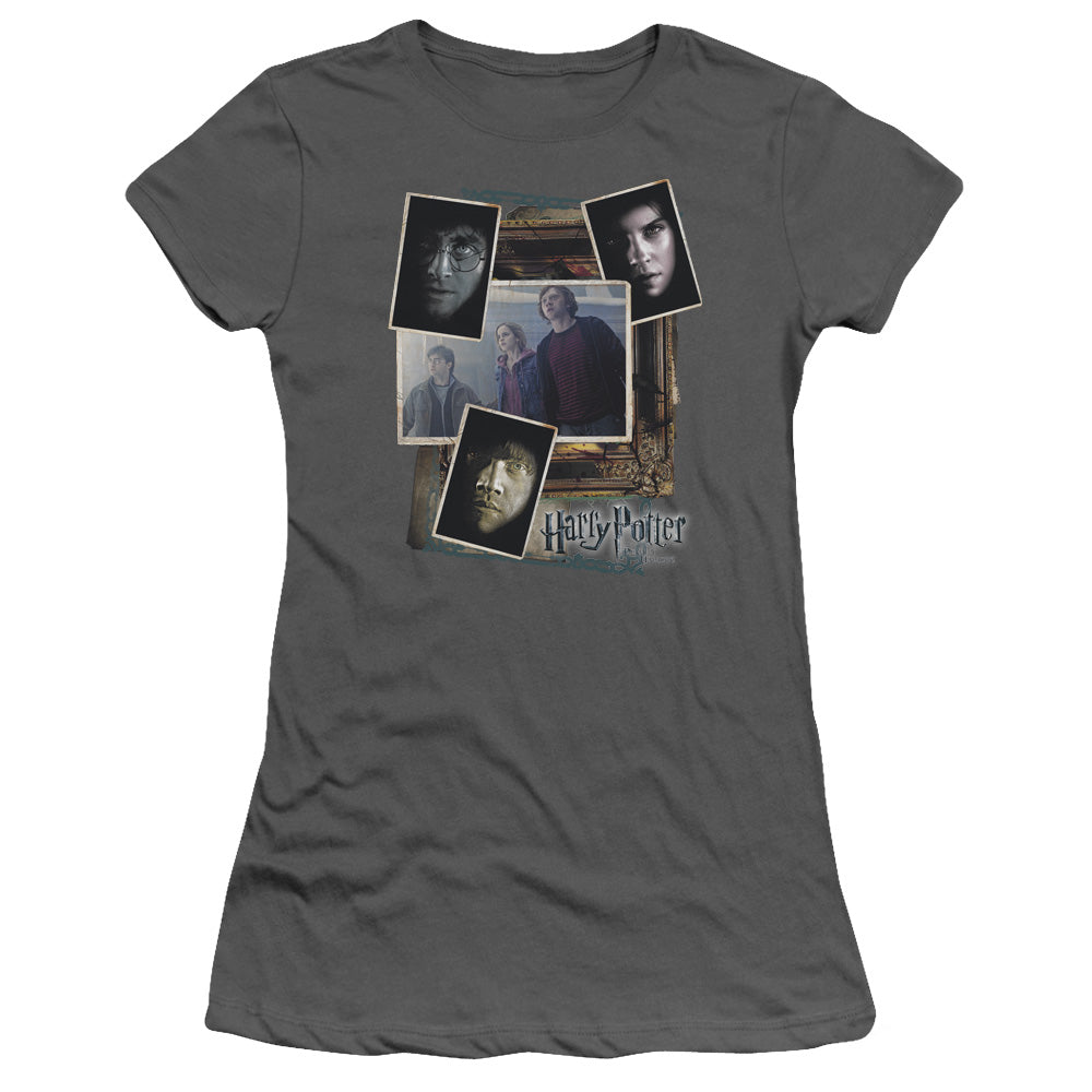 Harry Potter Trio Collage Junior Sheer Cap Sleeve Womens T Shirt Charcoal