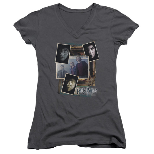 Harry Potter Trio Collage Junior Sheer Cap Sleeve V-Neck Womens T Shirt Charcoal