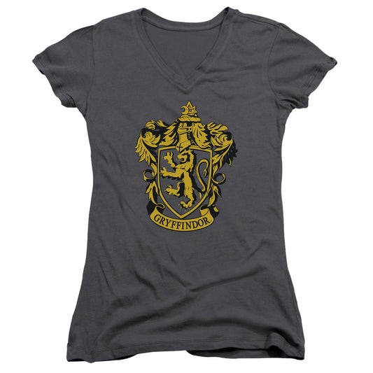 Harry Potter Gryffindor Crest Junior Sheer Cap Sleeve V-Neck Womens T Shirt Charcoal