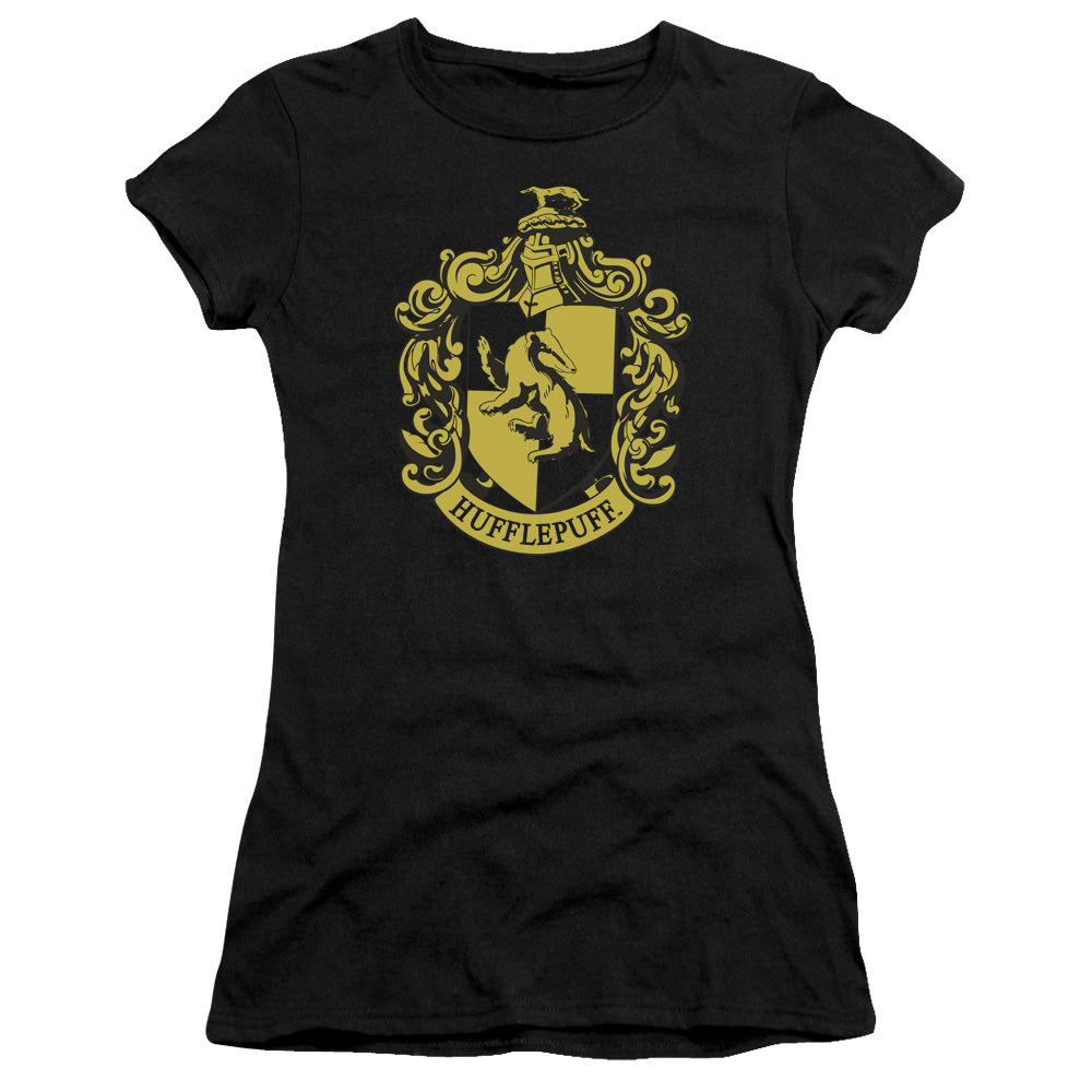 Harry Potter Hufflepuff Crest Junior Sheer Cap Sleeve Womens T Shirt Black