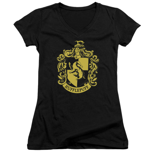 Harry Potter Hufflepuff Crest Junior Sheer Cap Sleeve V-Neck Womens T Shirt Black