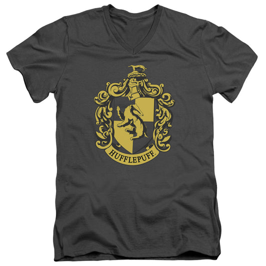 Harry Potter Hufflepuff Crest Mens Slim Fit V-Neck T Shirt Charcoal