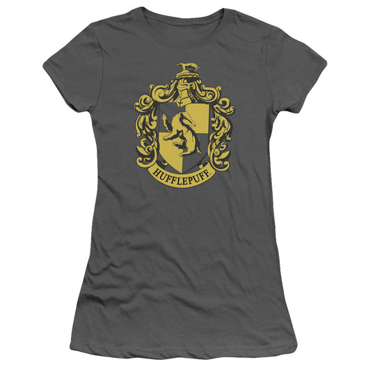 Harry Potter Hufflepuff Crest Junior Sheer Cap Sleeve Womens T Shirt Charcoal