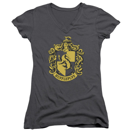 Harry Potter Hufflepuff Crest Junior Sheer Cap Sleeve V-Neck Womens T Shirt Charcoal