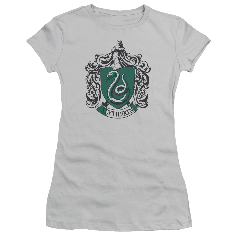 Harry Potter Slytherine Crest Junior Sheer Cap Sleeve Womens T Shirt Silver