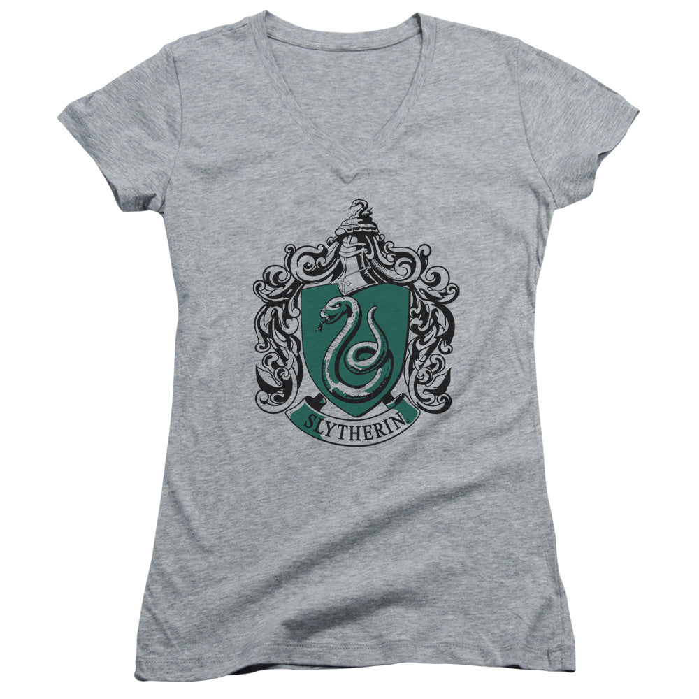 Harry Potter Slytherin Crest Junior Sheer Cap Sleeve V-Neck Womens T Shirt Athletic Heather