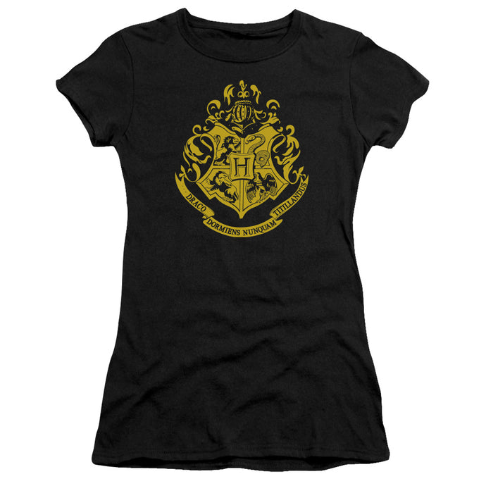 Harry Potter Hogwarts Crest Junior Sheer Cap Sleeve Womens T Shirt Black