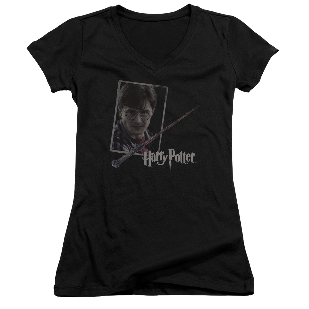 Harry Potter Harrys Wand Portrait Junior Sheer Cap Sleeve V-Neck Womens T Shirt Black