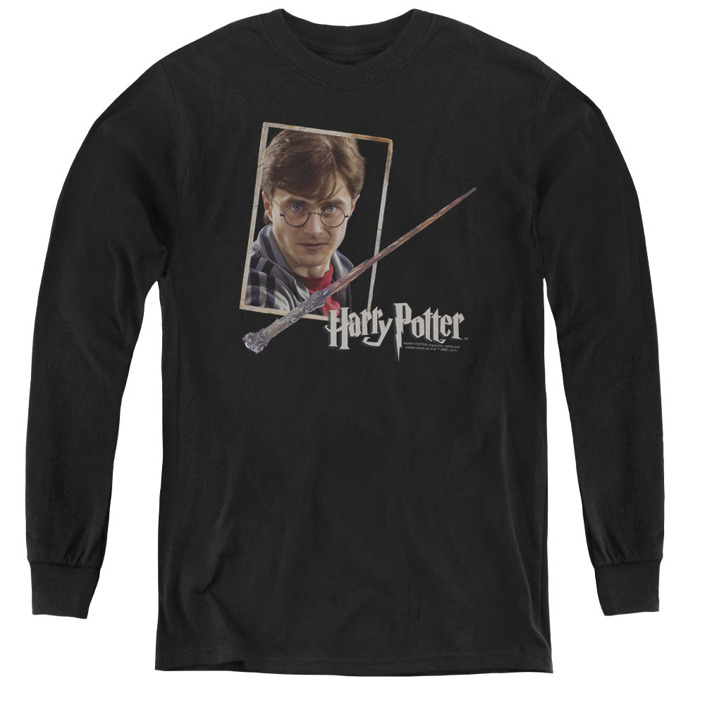 Harry Potter Harrys Wand Portrait Long Sleeve Kids Youth T Shirt Black