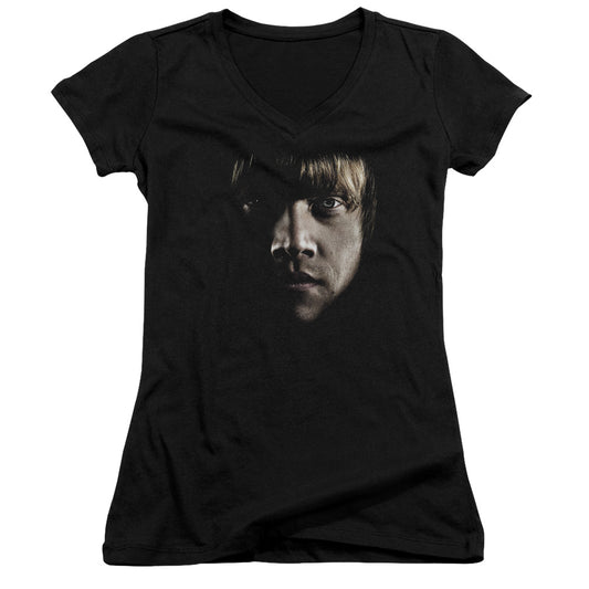 Harry Potter Ron Poster Head Junior Sheer Cap Sleeve V-Neck Womens T Shirt Black