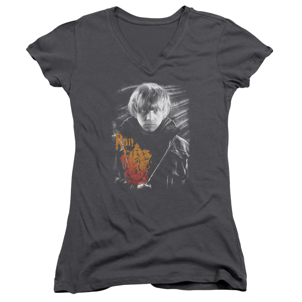 Harry Potter Ron Portrait Junior Sheer Cap Sleeve V-Neck Womens T Shirt Charcoal