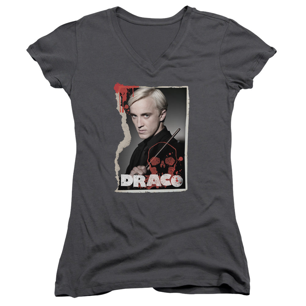 Harry Potter Draco Frame Junior Sheer Cap Sleeve V-Neck Womens T Shirt Charcoal