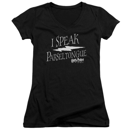 Harry Potter I Speak Parseltongue Junior Sheer Cap Sleeve V-Neck Womens T Shirt Black