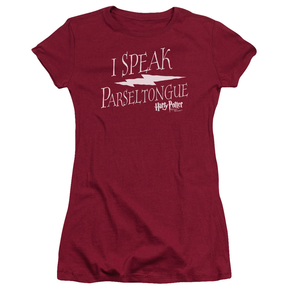 Harry Potter I Speak Parseltongue Junior Sheer Cap Sleeve Womens T Shirt Cardinal