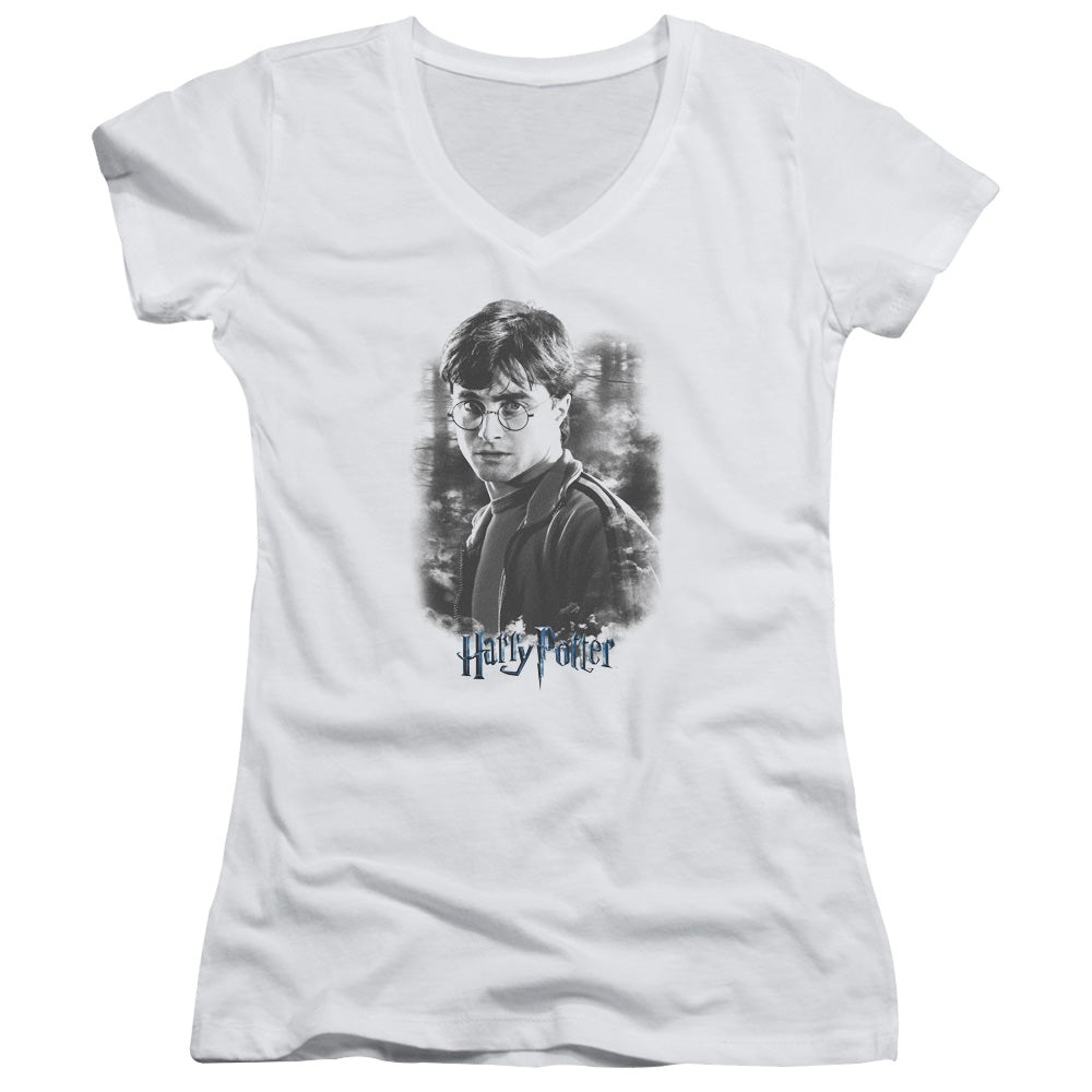 Harry Potter Harry in the Woods Junior Sheer Cap Sleeve V-Neck Womens T Shirt White