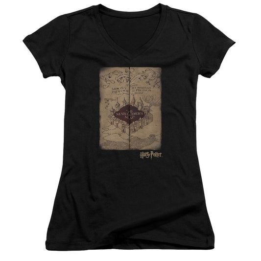 Harry Potter Marauders Map Junior Sheer Cap Sleeve V-Neck Womens T Shirt Black