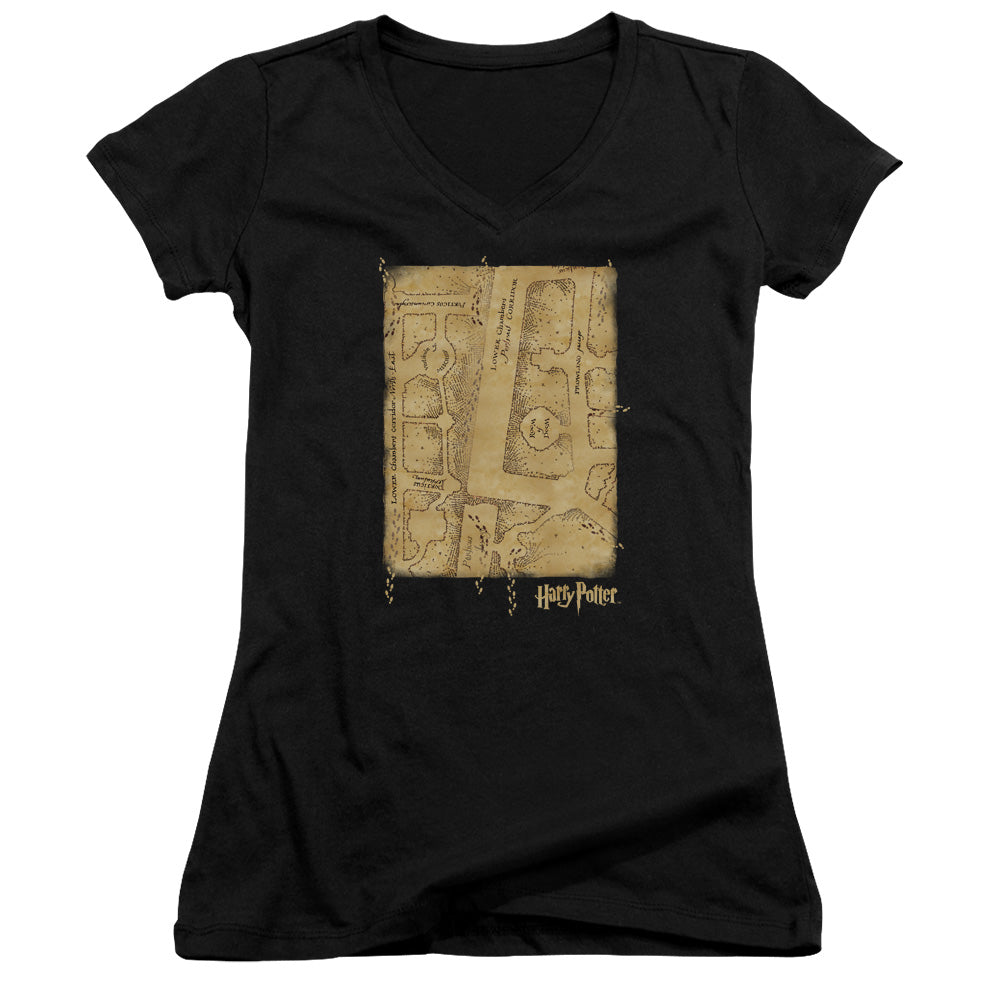 Harry Potter Marauders Map Interior Junior Sheer Cap Sleeve V-Neck Womens T Shirt Black