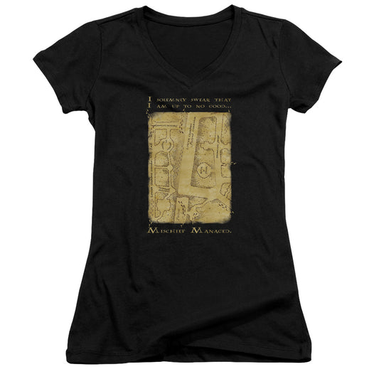 Harry Potter Marauders Map Interior Words Junior Sheer Cap Sleeve V-Neck Womens T Shirt Black