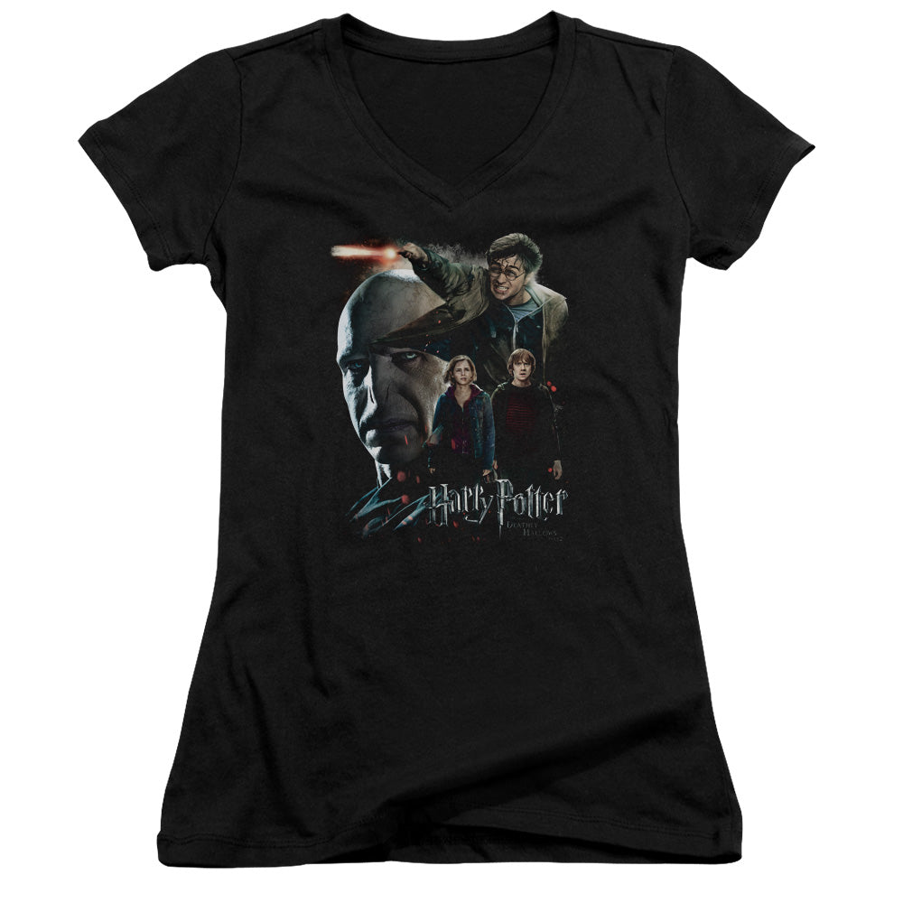 Harry Potter Final Fight Junior Sheer Cap Sleeve V-Neck Womens T Shirt Black