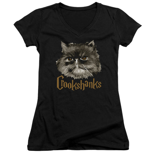 Harry Potter Crookshanks Junior Sheer Cap Sleeve V-Neck Womens T Shirt Black