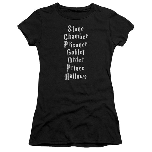 Harry Potter Titles Junior Sheer Cap Sleeve Womens T Shirt Black