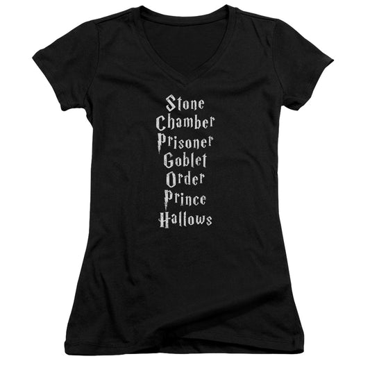 Harry Potter Titles Junior Sheer Cap Sleeve V-Neck Womens T Shirt Black