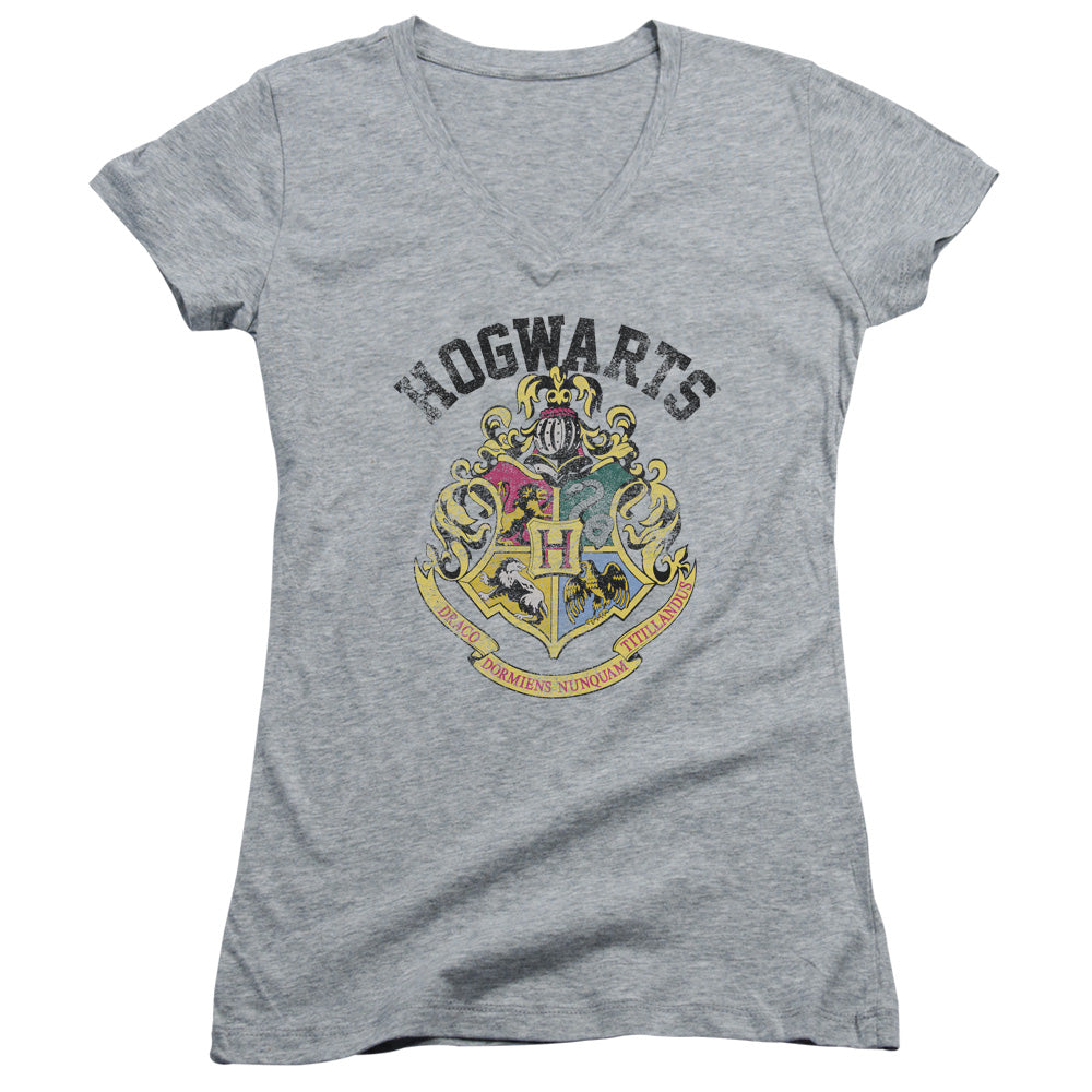 Harry Potter Hogwarts Crest Junior Sheer Cap Sleeve V-Neck Womens T Shirt Athletic Heather