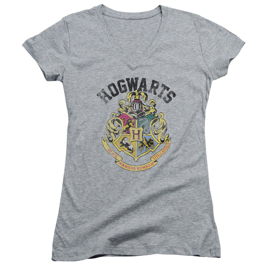 Harry Potter Hogwarts Crest Junior Sheer Cap Sleeve V-Neck Womens T Shirt Athletic Heather