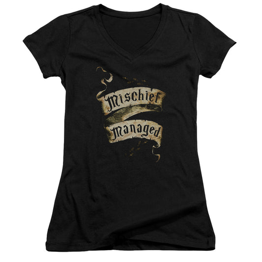 Harry Potter Mischief Managed Junior Sheer Cap Sleeve V-Neck Womens T Shirt Black