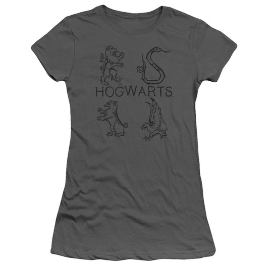 Harry Potter Literary Crests Junior Sheer Cap Sleeve Womens T Shirt Charcoal