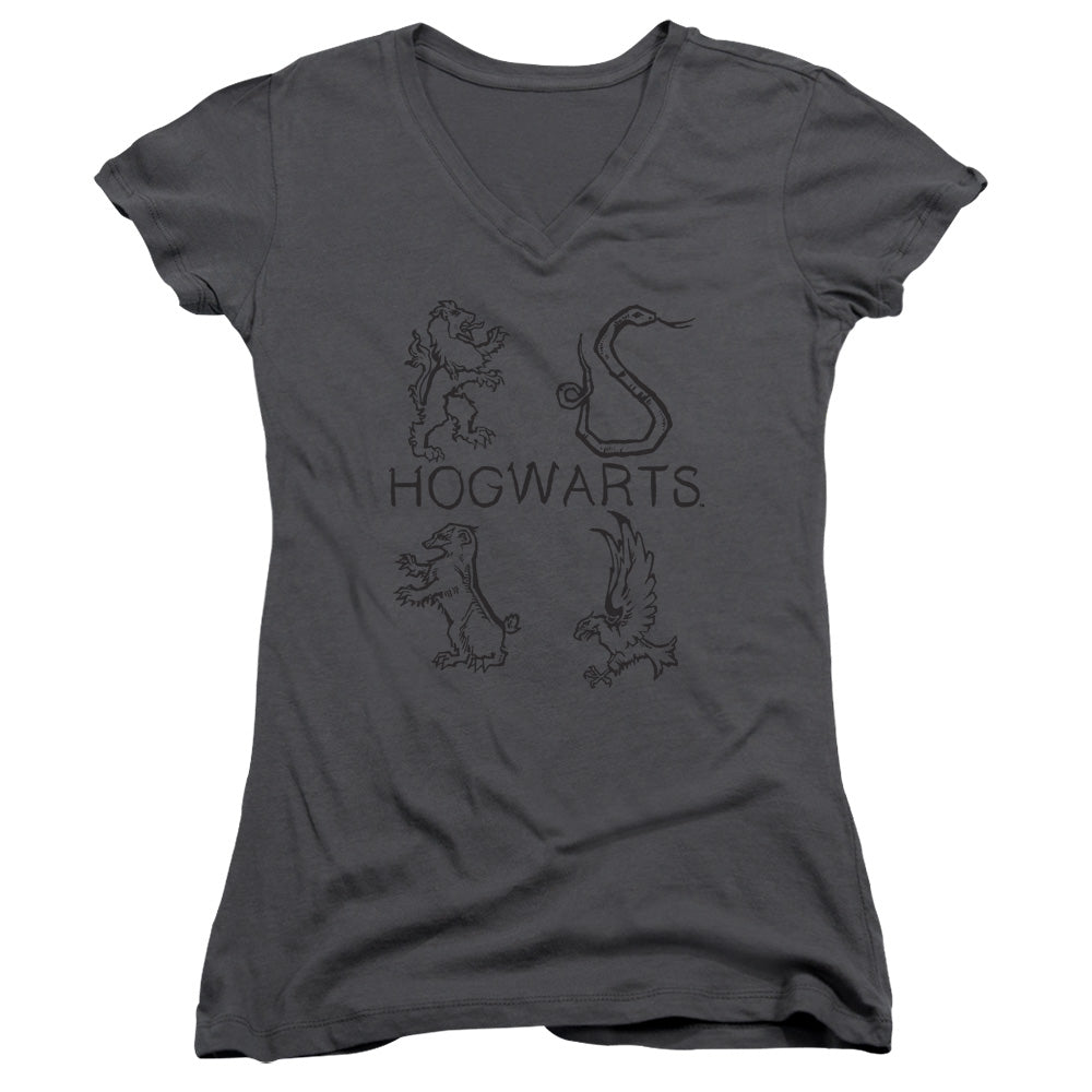 Harry Potter Literary Crests Junior Sheer Cap Sleeve V-Neck Womens T Shirt Charcoal