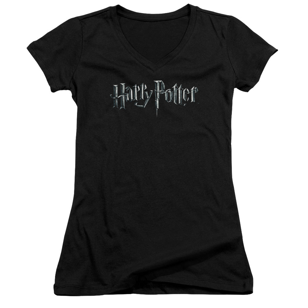 Harry Potter Logo Junior Sheer Cap Sleeve V-Neck Womens T Shirt Black