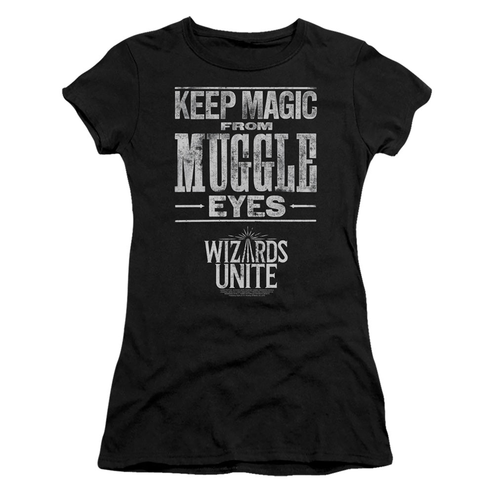 Harry Potter Wizards Unite Hidden Magic Junior Sheer Cap Sleeve Womens T Shirt Black