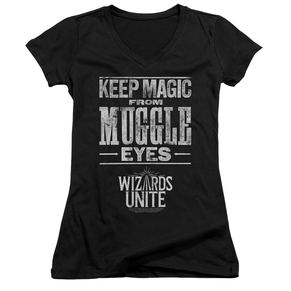 Harry Potter Wizards Unite Hidden Magic Junior Sheer Cap Sleeve V-Neck Womens T Shirt Black