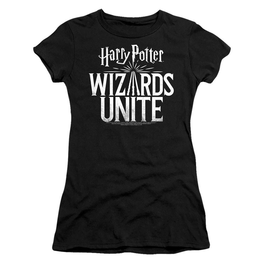 Harry Potter Wizards Unite Wizards Unite Logo Junior Sheer Cap Sleeve Womens T Shirt Black