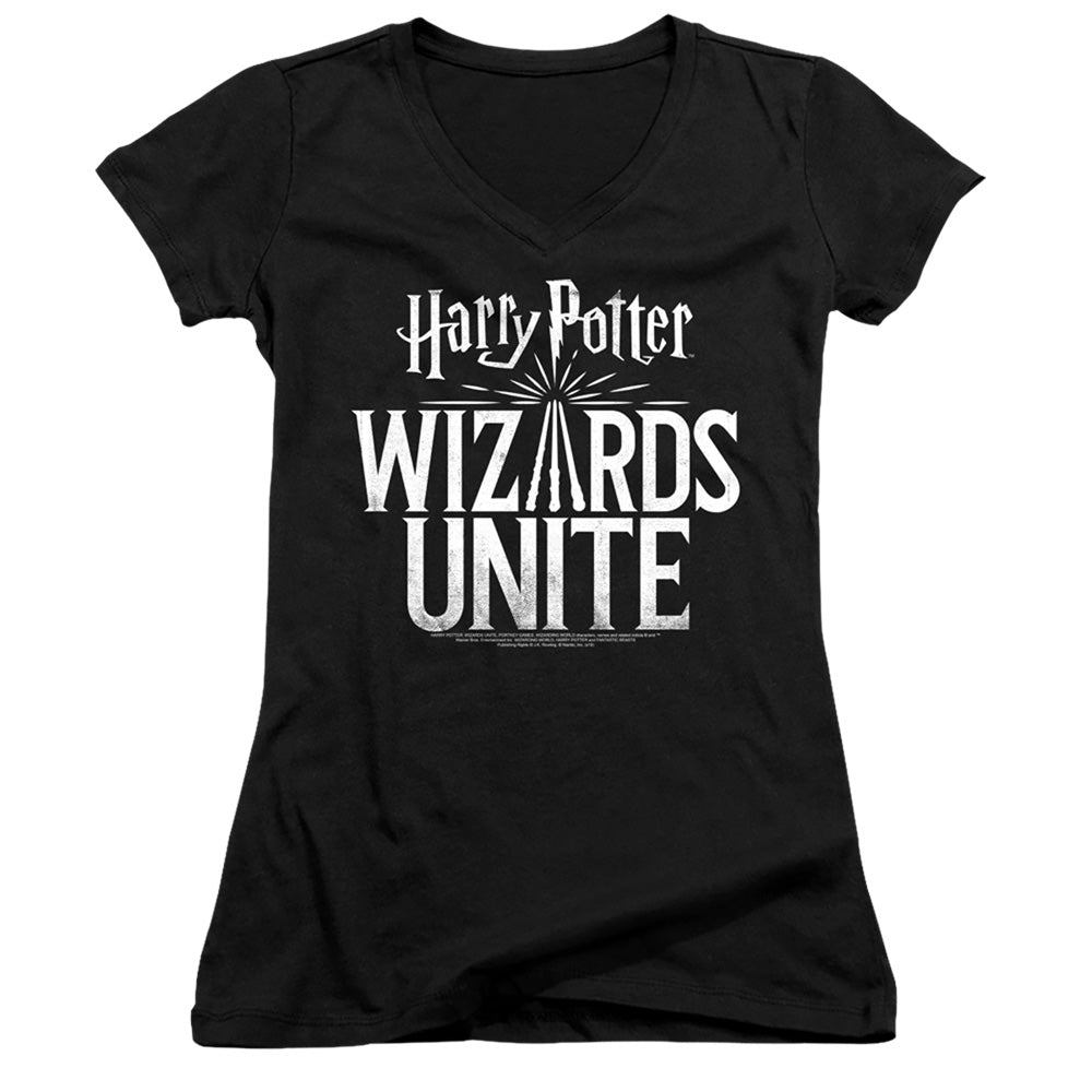 Harry Potter Wizards Unite Wizards Unite Logo Junior Sheer Cap Sleeve V-Neck Womens T Shirt Black