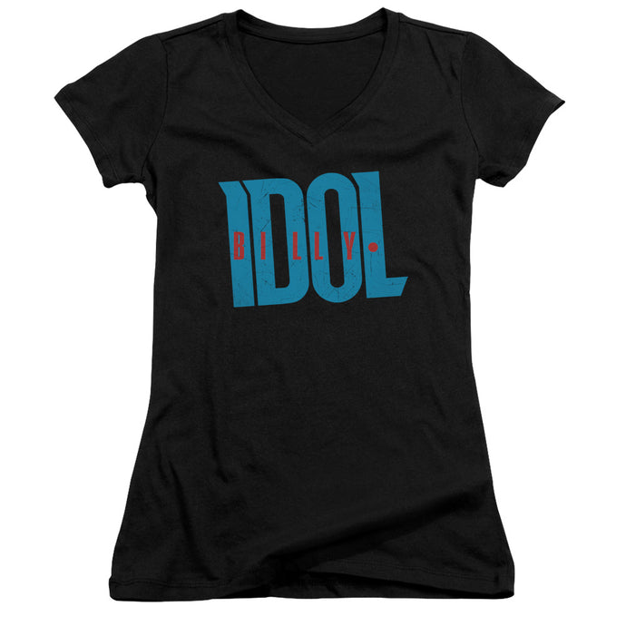 Billy Idol Logo Junior Sheer Cap Sleeve V-Neck Womens T Shirt Black