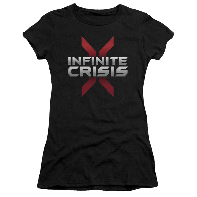 Infinite Crisis Logo Junior Sheer Cap Sleeve Womens T Shirt Black