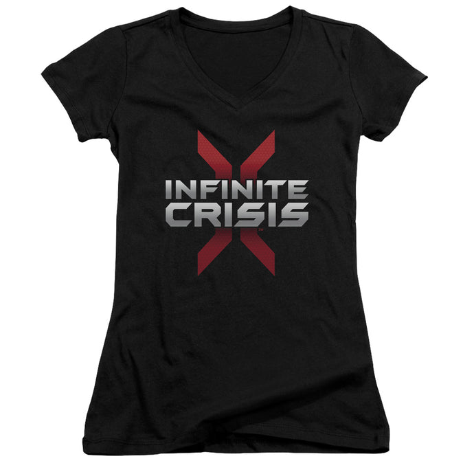 Infinite Crisis Logo Junior Sheer Cap Sleeve V-Neck Womens T Shirt Black