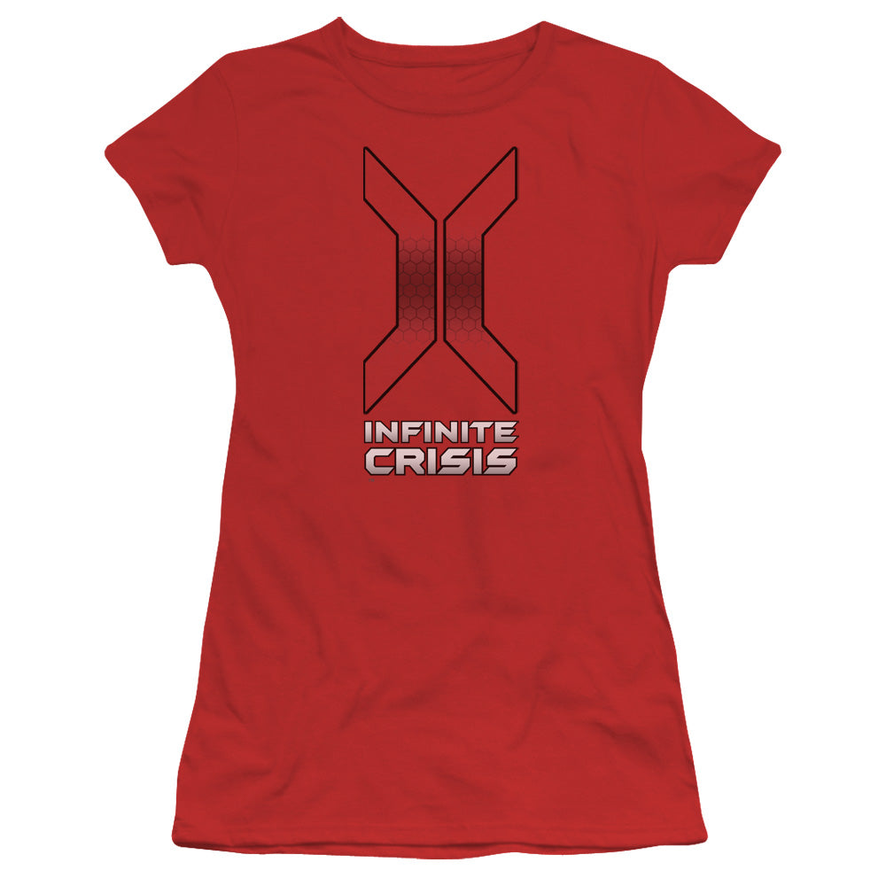 Infinite Crisis Title Junior Sheer Cap Sleeve Womens T Shirt Red