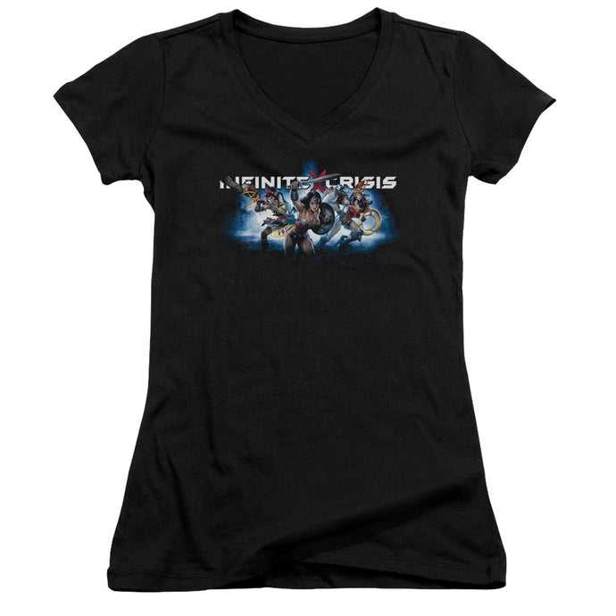 Infinite Crisis Ic Blue Junior Sheer Cap Sleeve V-Neck Womens T Shirt Black