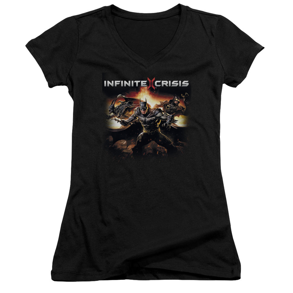 Infinite Crisis Batmen Junior Sheer Cap Sleeve V-Neck Womens T Shirt Black