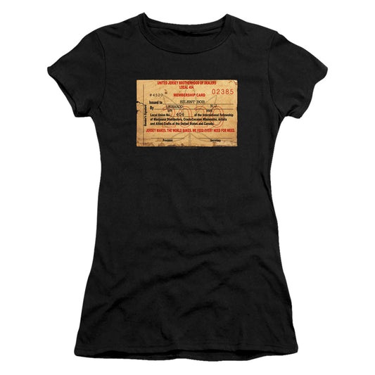 Jay and Silent Bob Dealer Card Junior Sheer Cap Sleeve Womens T Shirt Black