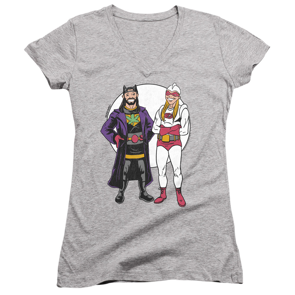 Jay and Silent Bob Bob Kane Cover Junior Sheer Cap Sleeve V-Neck Womens T Shirt Athletic Heather