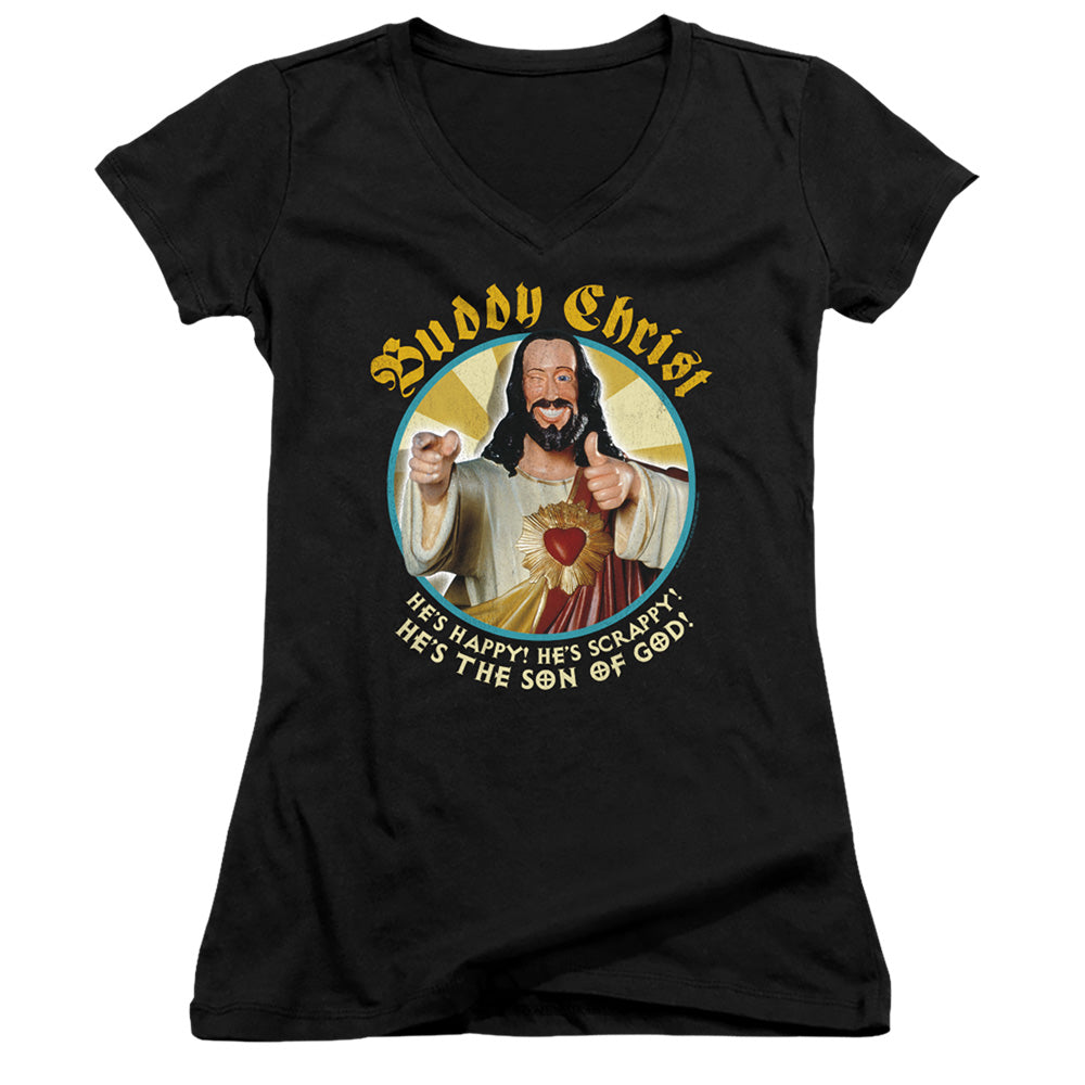 Jay and Silent Bob Buddy Christ Junior Sheer Cap Sleeve V-Neck Womens T Shirt Black