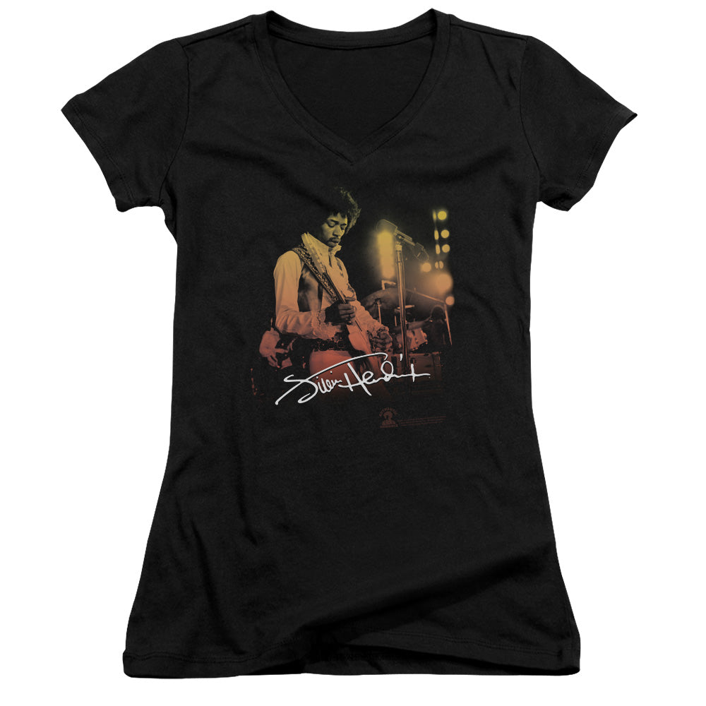 Jimi Hendrix Live On Stage Junior Sheer Cap Sleeve V-Neck Womens T Shirt Black