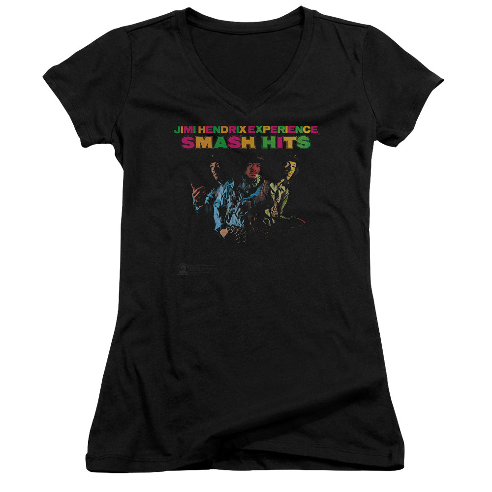 Jimi Hendrix Smash Hits Junior Sheer Cap Sleeve V-Neck Womens T Shirt Black